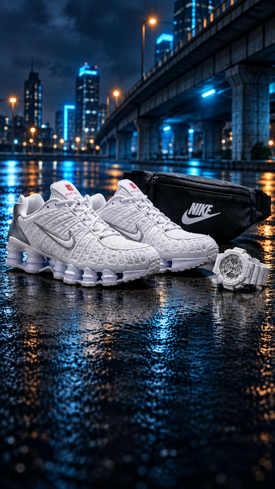 Bele Nike Shox patike, crna torbica i beli sat na mokroj gradskoj ulici